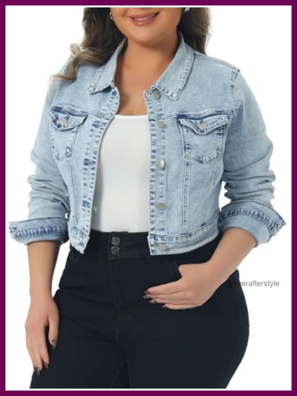 Plus Size Cropped Button Down Denim Jacket Long Sleeve Regular Fit